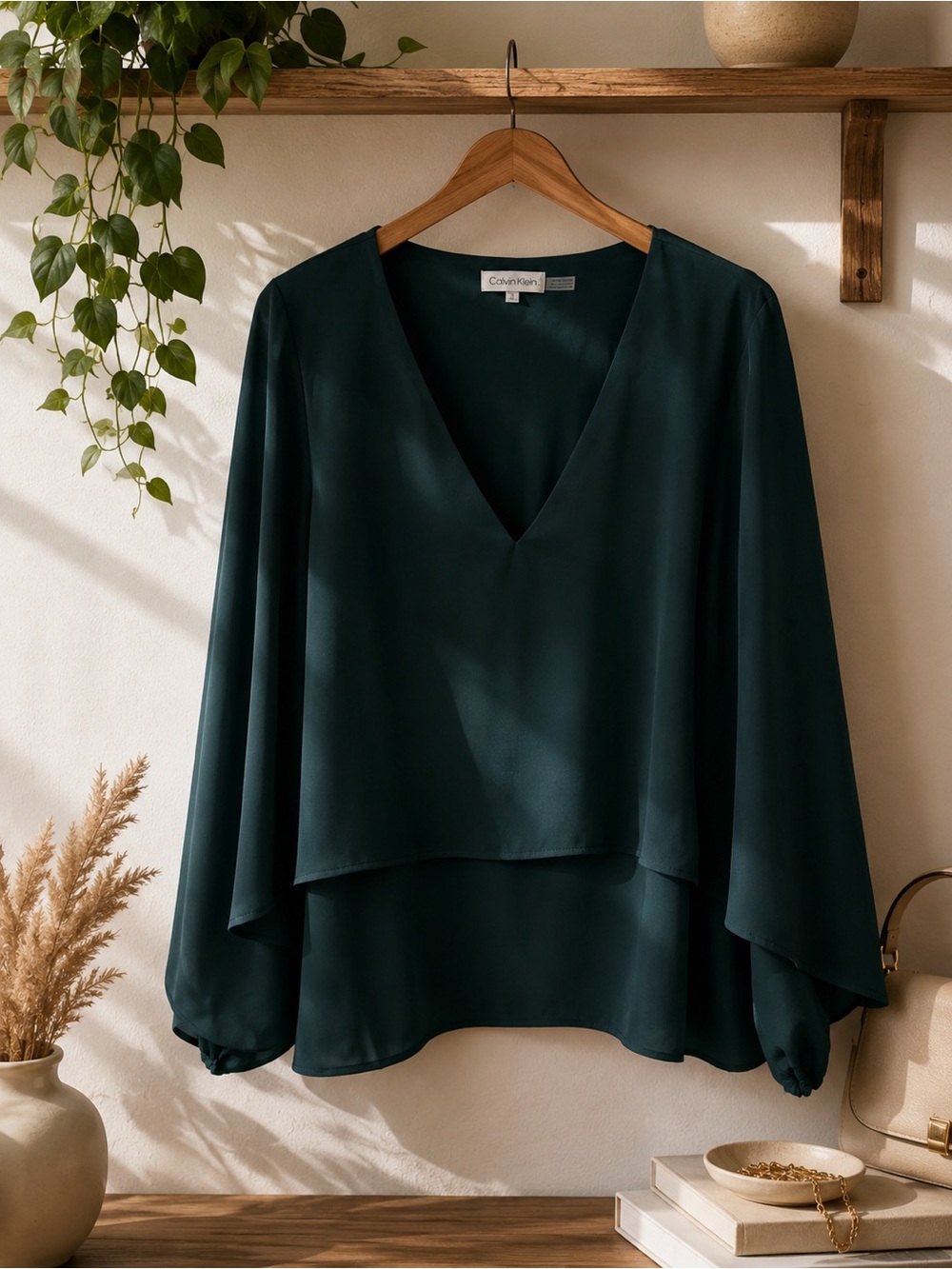 NWT Calvin Klein Dark Teal Cape Sleeve V-Neck Layered Blouse